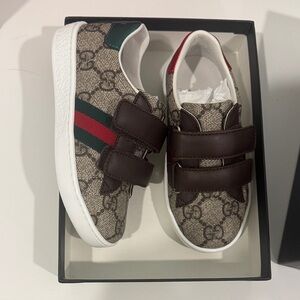 Gucci Kids GG Supreme Brown Sneakers with Red & Green Web Stripe